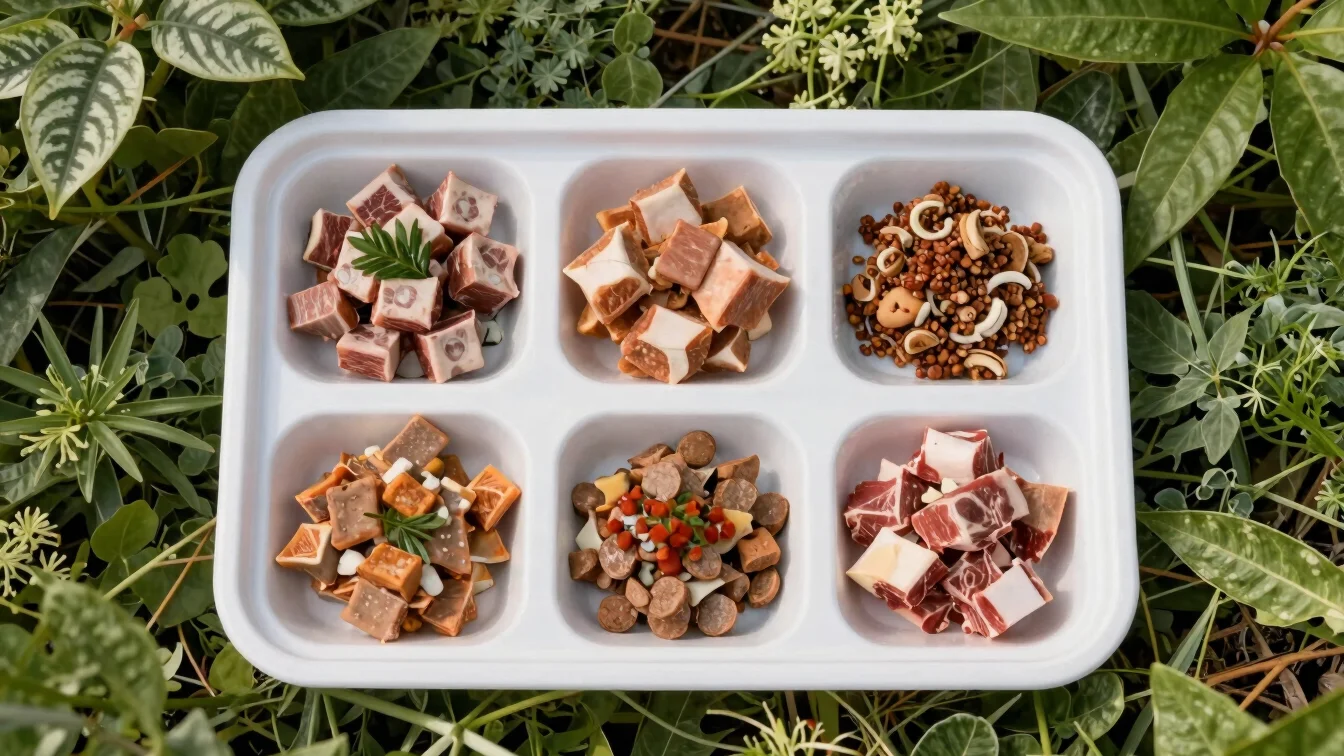 Overhead editorial shot of portioned raw BARF menu in a clean whi