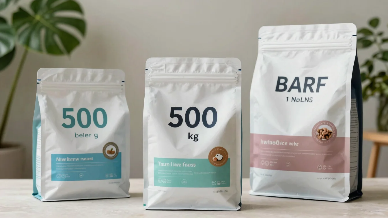 Close-up of 500 g and 1 kg sealed BARF meal bags arranged neatly