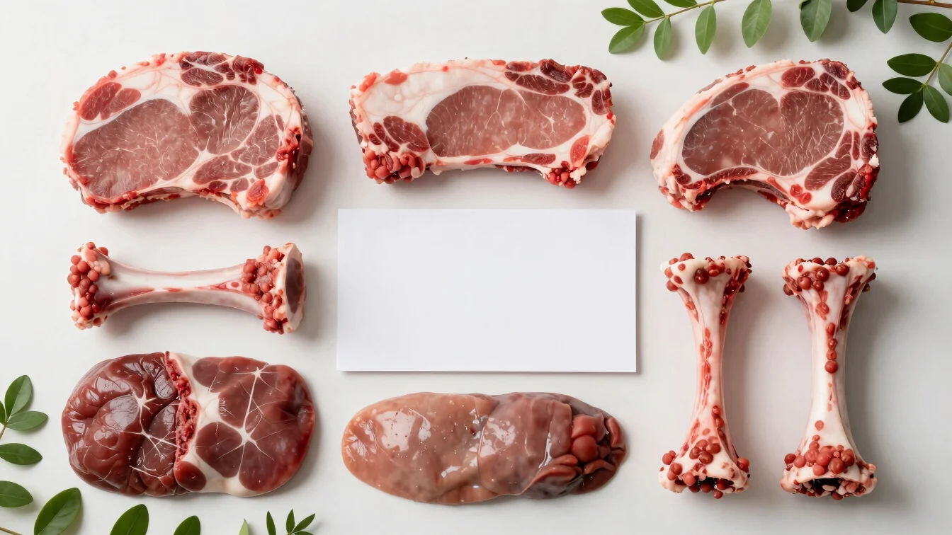 Top-down ordered arrangement of identifiable meat, organ and bone