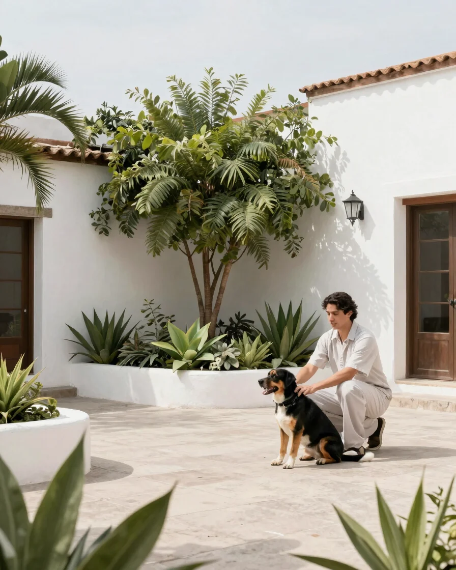 Escena cotidiana en un patio mexicano con vegetación local, un pe