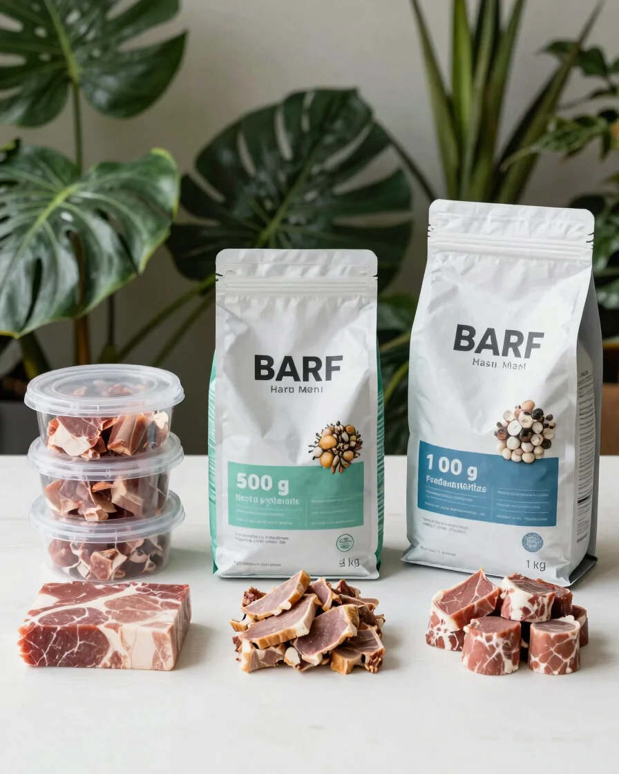 Editorial product photography of neatly arranged raw BARF menu po